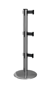 ProLux Triple Outdoor 250 Ultra Low Profile Milled Steel Base, Industry Exclusive Tri-Belt Barrier, Polished Steel Stanchion Post, QueueSolutions PLOTriple250PS-BK