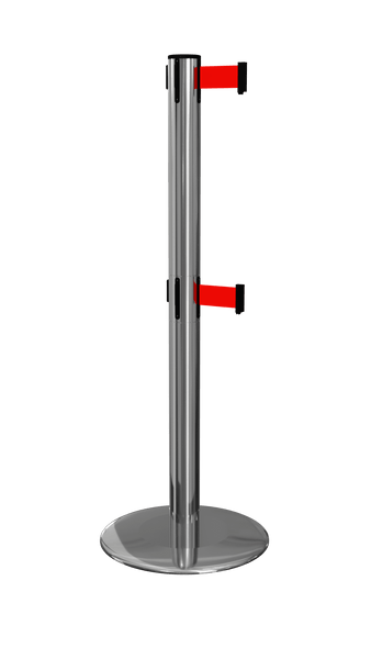 ProLux Twin Outdoor 250 Ultra Low Profile Milled Stainless Steel Base, ADA Compliant Dual Retractable Belt Barrier, Polished Steel Stanchion Post, QueueSolutions PLOTwin250PS-BK