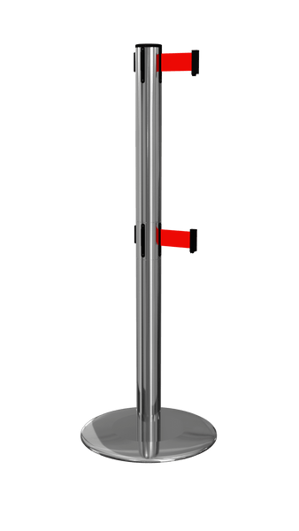 ProLux Twin Outdoor 250 Ultra Low Profile Milled Stainless Steel Base, ADA Compliant Dual Retractable Belt Barrier, Polished Steel Stanchion Post, QueueSolutions PLOTwin250PS-BK ProLux Twin Outdoor 250 Ultra Low Profile Milled Stainless Steel Base, ADA Compliant Dual Retractable Belt Barrier, Polished Steel Stanchion Post, QueueSolutions PLOTwin250PS-BK