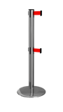 ProLux Twin 250 Ultra Low Profile Milled Steel Base, ADA Compliant Dual Retractable Belt Barrier, Polished Steel Stanchion Post, QueueSolutions PLTwin250PS-BK