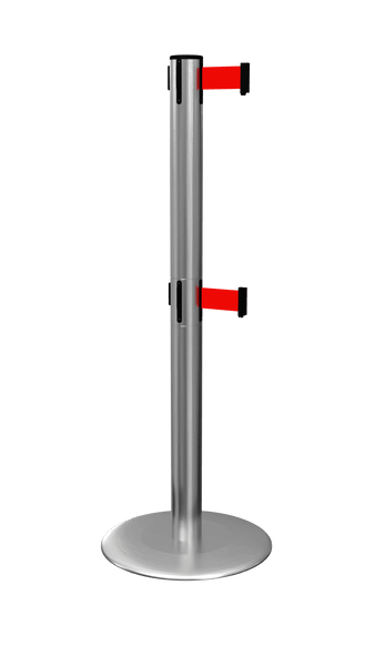 ProLux Twin Outdoor 250 Ultra Low Profile Milled Stainless Steel Base, ADA Compliant Dual Retractable Belt Barrier, Satin Steel Stanchion Post, QueueSolutions PLOTwin250SS-BK ProLux Twin Outdoor 250 Ultra Low Profile Milled Stainless Steel Base, ADA Compliant Dual Retractable Belt Barrier, Satin Steel Stanchion Post, QueueSolutions PLOTwin250SS-BK