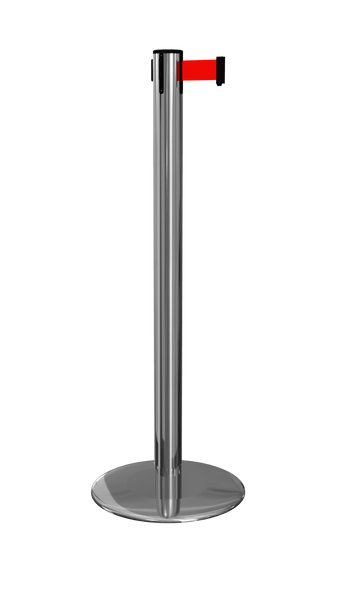 ProLux 250 Ultra Low Profile Base Retractable Belt Barrier, Polished Chrome Stanchion Post w Milled Steel Base, QueueSolutions PROLUX250PC-BK ProLux 250 Ultra Low Profile Base Retractable Belt Barrier, Polished Chrome Stanchion Post w Milled Steel Base, QueueSolutions PROLUX250PC-BK