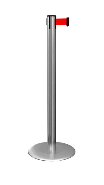 ProLux 250 Ultra Low Profile Base Retractable Belt Barrier, Satin Chrome Stanchion Post w Milled Steel Base, QueueSolutions PROLUX250SC-BK ProLux 250 Ultra Low Profile Base Retractable Belt Barrier, Satin Chrome Stanchion Post w Milled Steel Base, QueueSolutions PROLUX250SC-BK