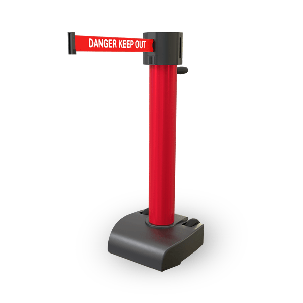 SkyPro 750 Long-Span 75ft Retractable Belt Barrier, Red Stanchion Post SkyPro 750 Long-Span 75ft Retractable Belt Barrier, Red Stanchion Post