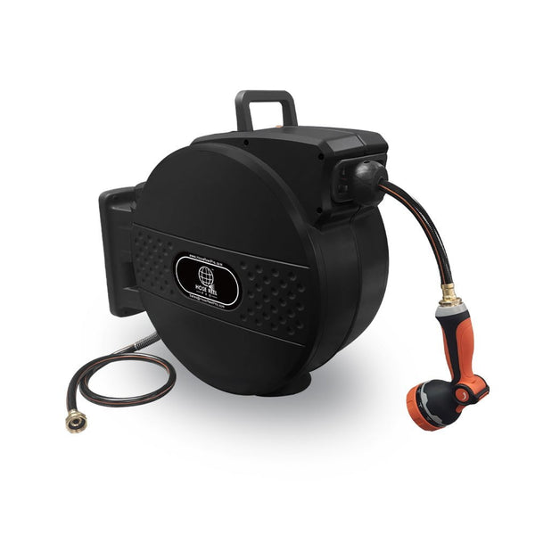 100 Foot Heavy-Duty Auto-Retracting Water Hose Reel, Wall Mount Black Housing 100 Foot Heavy-Duty Auto-Retracting Water Hose Reel, Wall Mount Black Housing