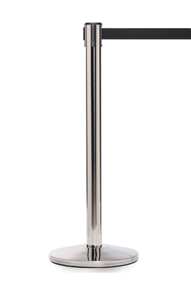 QueueMaster 550 11ft Retractable Belt Barrier, Polished Stainless Stanchion Post, QueueSolutions QM550PS-BK110 QueueMaster 550 11ft Retractable Belt Barrier, Polished Stainless Stanchion Post, QueueSolutions QM550PS-BK110