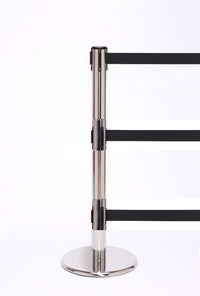 QueuePro Triple 250 Retractable 3-Belt Barrier Polished Stainless Stanchion Post, QueueSolutions PROTriple250PS-BK