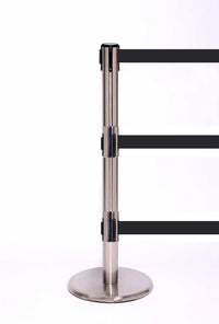 QueuePro Triple 250 Retractable 3-Belt Barrier Satin Brushed Steel Stanchion Post, QueueSolutions PROTriple250SS-BK