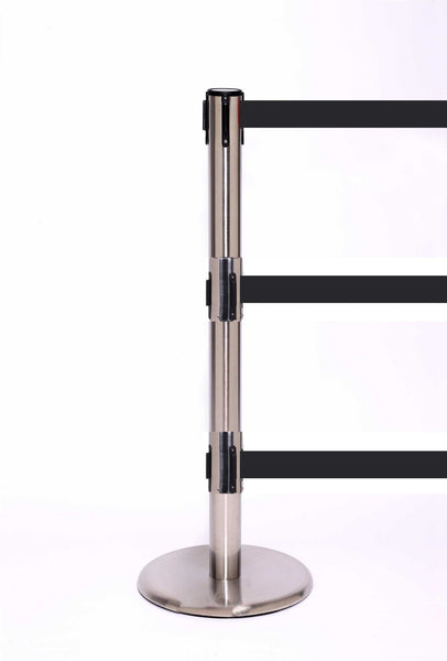 QueuePro Triple 250 Retractable 3-Belt Barrier Satin Brushed Steel Stanchion Post, QueueSolutions PROTriple250SS-BK QueuePro Triple 250 Retractable 3-Belt Barrier Satin Brushed Steel Stanchion Post, QueueSolutions PROTriple250SS-BK