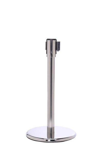QueuePro Mini 200 Display Height Retractable Belt Barrier, Polished Stainless Stanchion Post, QueueSolutions PROMini200PS-BK QueuePro Mini 200 Display Height Retractable Belt Barrier, Polished Stainless Stanchion Post, QueueSolutions PROMini200PS-BK
