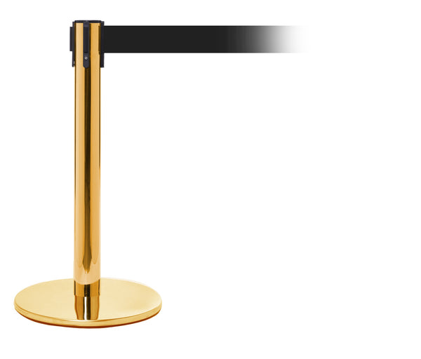 PRO200 Exhibition Height Retractable Belt Barrier, Polished Brass Stanchion Post, 11ft Belt, QueueSolutions PROMini250PB-BK PRO200 Exhibition Height Retractable Belt Barrier, Polished Brass Stanchion Post, 11ft Belt, QueueSolutions PROMini250PB-BK