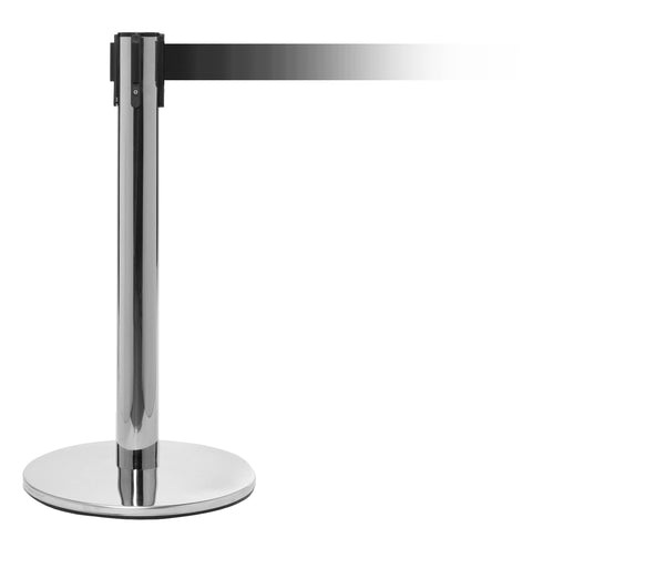 QueuePro Mini 250 Premium Exhibit Retractable Belt Barrier, Polished Stainless Stanchion Post, QueueSolutions PROMini250PS-BK QueuePro Mini 250 Premium Exhibit Retractable Belt Barrier, Polished Stainless Stanchion Post, QueueSolutions PROMini250PS-BK