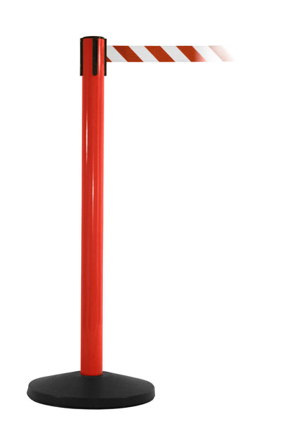 SafetyMaster Retractable 11ft Belt Industrial Safety Barrier, Red Stanchion Post, QueueSolutions SM450R-BK110 SafetyMaster Retractable 11ft Belt Industrial Safety Barrier, Red Stanchion Post, QueueSolutions SM450R-BK110