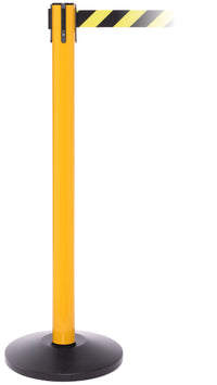 SafetyPro 250 Industrial-Tough Retractable Belt Barrier, Yellow Stanchion Post, QueueSolutions SPRO250Y-BK