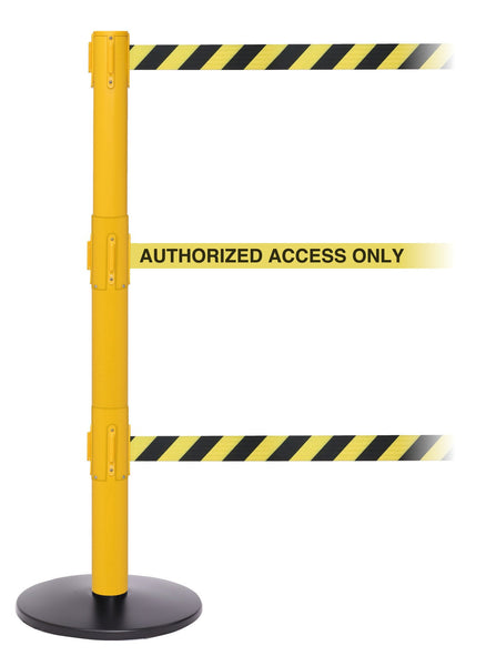 SafetyPro Triple-Belt Industrial-Tough Retractable Belt Barrier, Yellow Stanchion Post, QueueSolutions SPROTriple250Y-BK SafetyPro Triple-Belt Industrial-Tough Retractable Belt Barrier, Yellow Stanchion Post, QueueSolutions SPROTriple250Y-BK