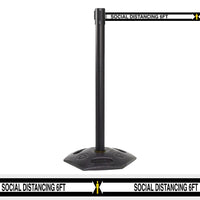 WeatherMaster Outdoor Retractable Belt Barrier, Black Stanchion Post, 13ft Belt w Social Distancing 6ft Marks, QueueSolutions WMR250B-SD130
