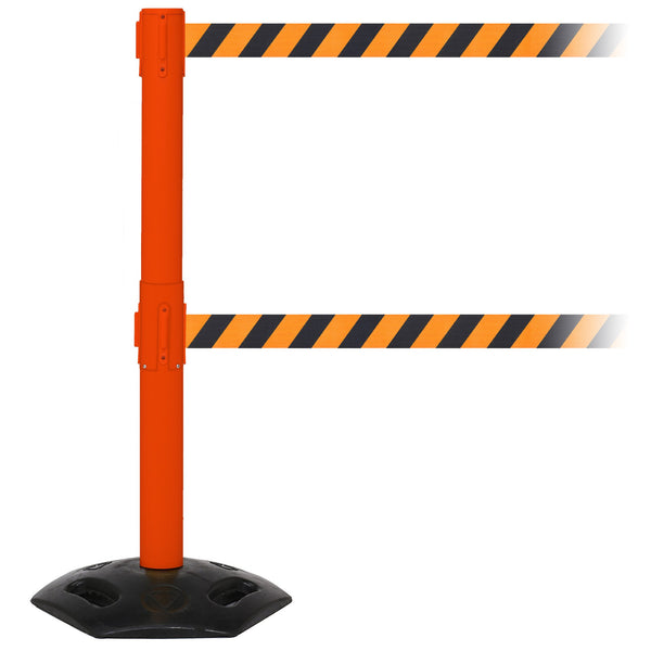 WeatherMaster Twin 300 Extreme-Duty Outdoor 16ft Dual-Belts Retractable Belt Barrier, Orange Stanchion Post, QueueSolutions WMRTwin300O-BK
