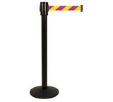 Retracta-Belt 15ft Nuclear Safety Magenta/Yellow Retractable Belt Barrier w Black Aluminum Stanchion Post, Visiontron 321BA-MYD