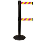 Retracta-Belt Dual Line Nuclear Magenta/Yellow, ADA Compliant, Retractable Belt Barrier w Black Stanchion Post, Visiontron 301DBA-MYD