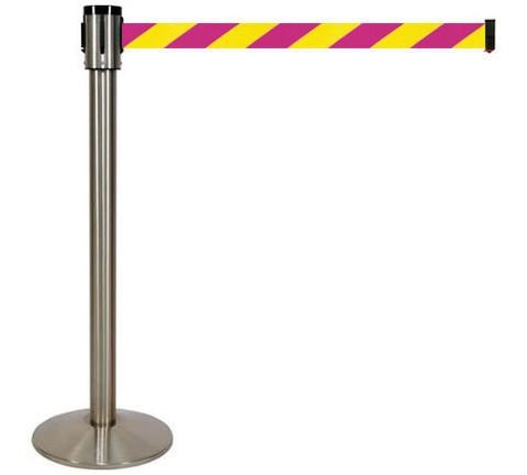 Retracta-Belt 15ft Nuclear Safety Magenta/Yellow Retractable Belt Barrier w Satin Aluminum Stanchion Post, Visiontron 320SASS-MYD