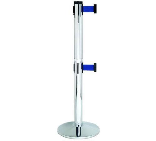 Retracta-Belt 10ft Hyper-Strength Dual Line, ADA Compliant, Retractable Belt Barrier w Aluminum Stanchion Post, Visiontron 300DPAPC-BK