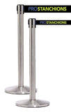 QueueMaster Xtra 3in Wide x 11ft Economy Retractable Belt Barrier, Satin Stainless Stanchion Post, QueueSolutions QM550SS-X-BK110