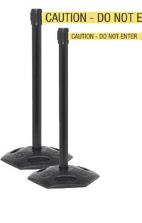 WeatherMaster 250 Xtra Wide 3in Belt, Outdoor Retractable Belt Barrier, Black Stanchion Post w Rubber Base, QueueSolutions WMR250B-X-BK110