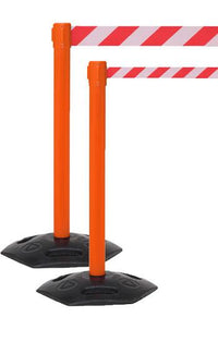 WeatherMaster 250 Xtra Wide 3in Belt, Outdoor Retractable Belt Barrier, Orange Stanchion Post w Rubber Base, QueueSolutions WMR250O-X-BK110
