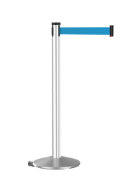 Retracta-Belt 10ft Hyper-Strength Barrier w Rectracta-Wheel, Satin Aluminum Stanchion Post, Visiontron 304SASS-LBL