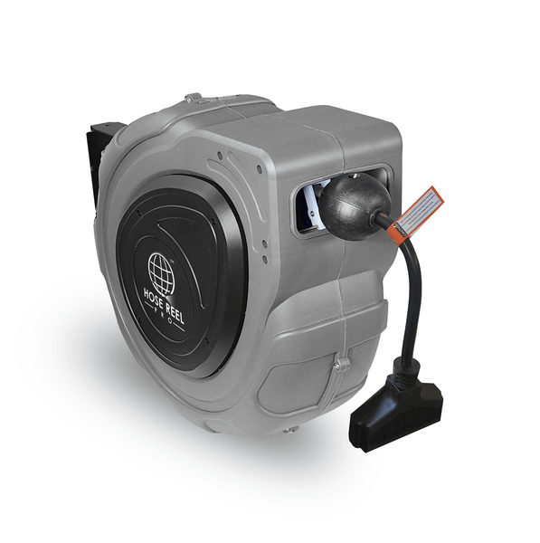 65 Foot Heavy-Duty Auto-Retracting Extension Cord Reel, Wall Mount Gray Housing