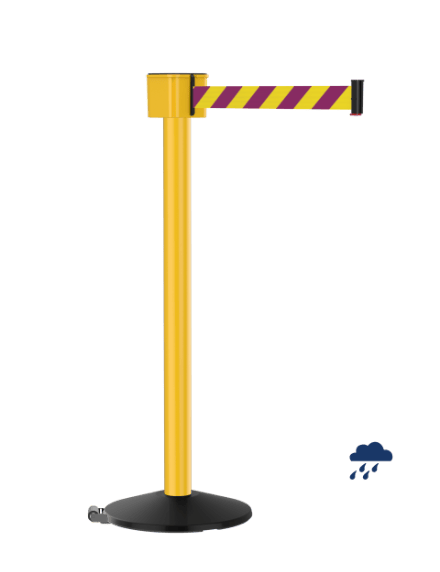 Retracta-Belt 30ft Hyper-Strength Nuclear Safety Magenta /Yellow Retractable Belt Barrier w Wheeled Stanchion Post, Visiontron PM412-30BA-YMD