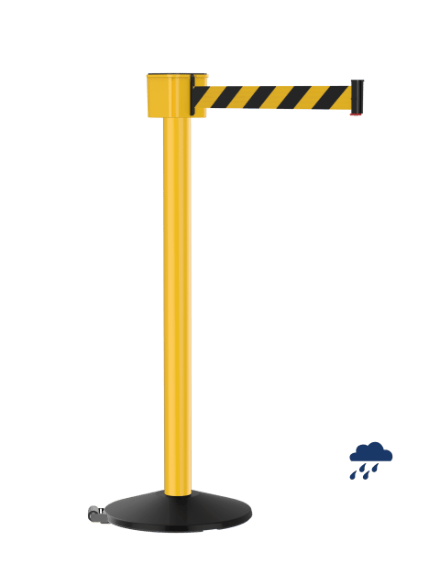Retracta-Belt 30ft Hyper-Strength Single Line Retractable Belt Barrier w Wheeled Stanchion Yellow Aluminum Post, Visiontron Yellow
