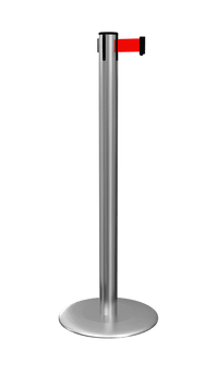 ProLux 250 Heavy-Duty Outdoor Retractable Belt Barrier, Satin Stainless Stanchion Post w Milled Satin Stainless Steel Base, QueueSolutions PLO250SS-BK