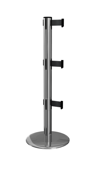 ProLux Triple 250 Ultra Low Profile Milled Steel Base, Industry Exclusive Tri-Belt Barrier, Polished Steel Stanchion Post, QueueSolutions PLTriple250PS-BK