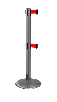 ProLux Twin 250 Ultra Low Profile Milled Steel Base, ADA Compliant Dual Retractable Belt Barrier, Polished Steel Stanchion Post, QueueSolutions PLTwin250PS-BK