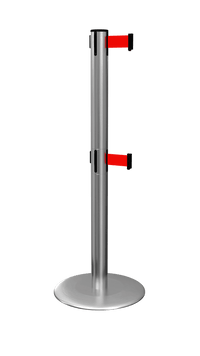 ProLux Twin 250 Ultra Low Profile Milled Steel Base, ADA Compliant Dual Retractable Belt Barrier, Satin Steel Stanchion Post, QueueSolutions PLTwin250SS-BK