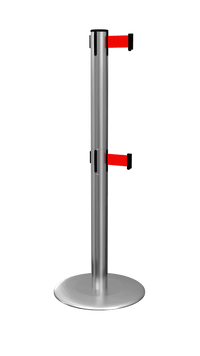 ProLux Twin Outdoor 250 Ultra Low Profile Milled Stainless Steel Base, ADA Compliant Dual Retractable Belt Barrier, Satin Steel Stanchion Post, QueueSolutions PLOTwin250SS-BK