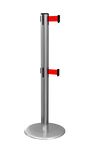 ProLux Twin Outdoor 250 Ultra Low Profile Milled Stainless Steel Base, ADA Compliant Dual Retractable Belt Barrier, Satin Steel Stanchion Post, QueueSolutions PLOTwin250SS-BK