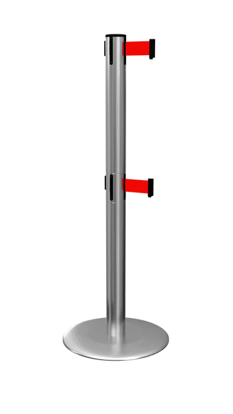 ProLux Twin Outdoor 250 Ultra Low Profile Milled Stainless Steel Base, ADA Compliant Dual Retractable Belt Barrier, Satin Steel Stanchion Post, QueueSolutions PLOTwin250SS-BK