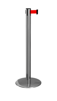 ProLux 250 Heavy-Duty Outdoor Retractable Belt Barrier, Polished Stainless Stanchion Post w Milled Stainless Steel Base, QueueSolutions PLO250PS-BK