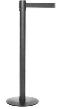 ProLux 250 Ultra Low Profile Base Retractable Belt Barrier, Black Stanchion Post w Milled Steel Base, QueueSolutions PROLUX250B-BK