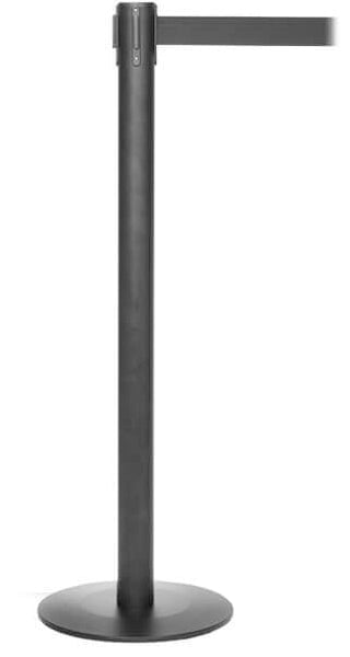 ProLux 250 Ultra Low Profile Base Retractable Belt Barrier, Black Stanchion Post w Milled Steel Base, QueueSolutions PROLUX250B-BK