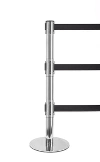 ProLux Triple 250 Ultra Low Profile Milled Steel Base, Industry Exclusive Tri-Belt Barrier, Satin Steel Stanchion Post, QueueSolutions PLTriple250SS-BK