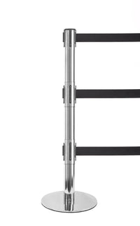 ProLux Triple Outdoor 250 Ultra Low Profile Milled Stainless Steel Base, Industry Exclusive Tri-Belt Barrier, Satin Steel Stanchion Post, QueueSolutions PLOTriple250SS-BK