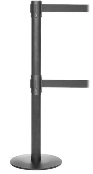 ProLux Twin 250 Ultra Low Profile Milled Steel Base, ADA Compliant Dual Retractable Belt Barrier, Black Stanchion Post, QueueSolutions PLTwin250B-BK