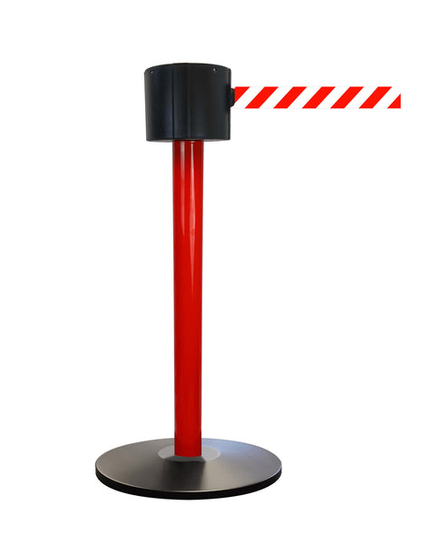 SafetyPro 775 Long-Span 75ft Retractable Belt Barrier, Red Stanchion Post, QueueSolutions SPRO775R-RW75