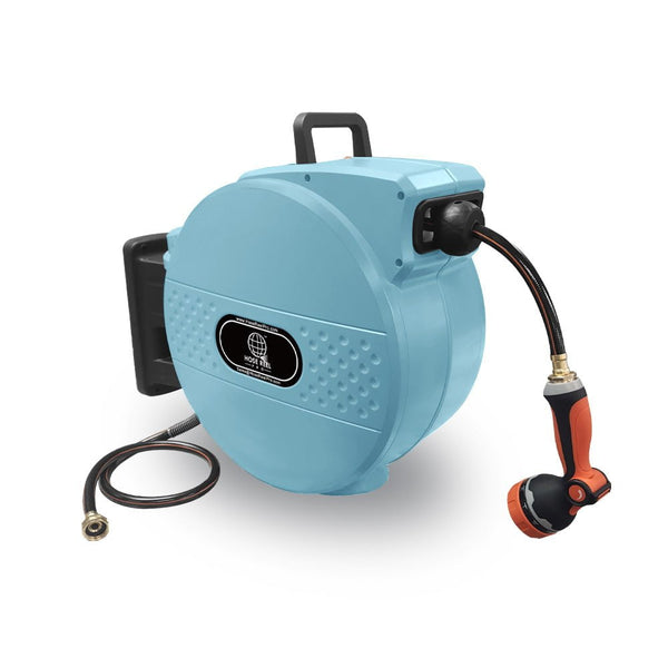 100 Foot Heavy-Duty Auto-Retracting Water Hose Reel, Wall Mount Blue Housing
