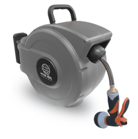 50 Foot Heavy-Duty Auto-Retracting Water Hose Reel, Wall Mount Gray Housing