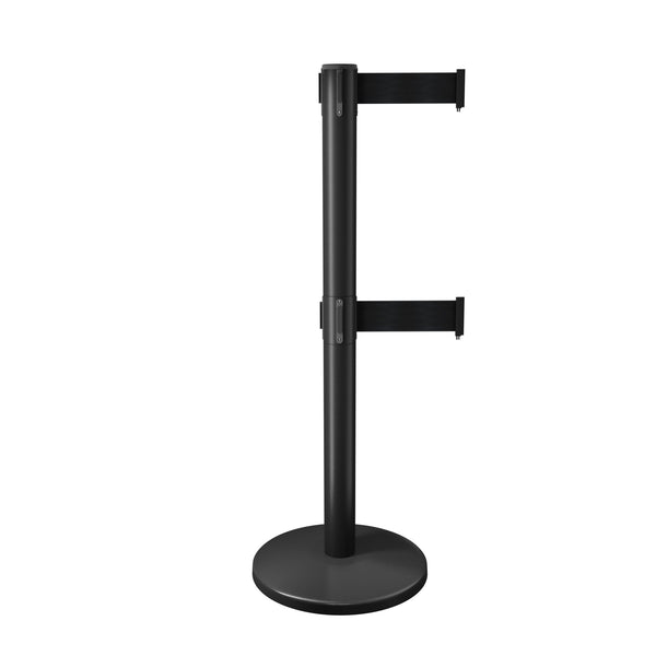 QueueMaster Twin Dual Belt, ADA Compliant, Retractable Belt Barrier, Black Stanchion Post, 13ft Belt