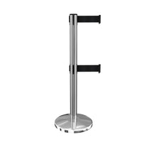 QueueMaster Twin Dual Belt, ADA Compliant, Retractable Belt Barrier, Polished Stainless Steel Stanchion Post
